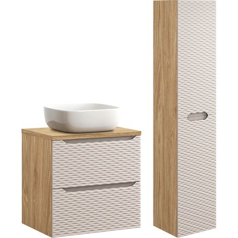 Waschtisch und Hängesäule 60cm Elora mit 2 Schubladen, Beige und Holzoptik
