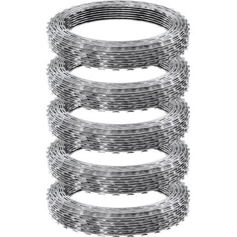 Fil barbelé rasoir 75 m, 5 rouleaux de fil concertina galvanisé, clôture de sécurité pour jardin et propriété, usage polyvalent