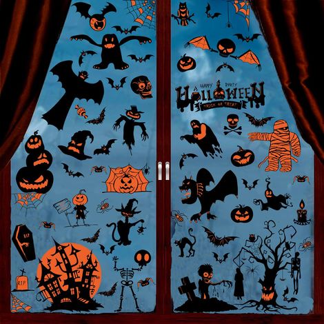 Autocollants pour fenêtres d'Halloween - Stickers statiques double face avec motifs chauve-souris, araignée, citrouille, momie et château, décoration amovible pour vitres, idéale pour les fêtes et la