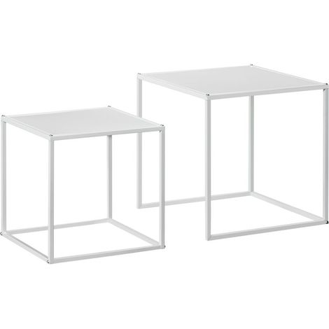 Ensemble de 2 tables gigognes carrées pour salon, en acier, grande table de 40 cm et petite table de 35 cm, blanches. (1/5)