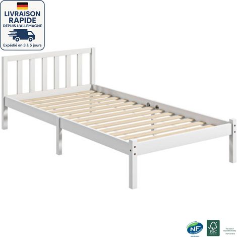 Letto singolo 90x200 cm, giroletto 90x200 cm, con testiera e rete a doghe, elegante struttura in legno, bianco (1/5)