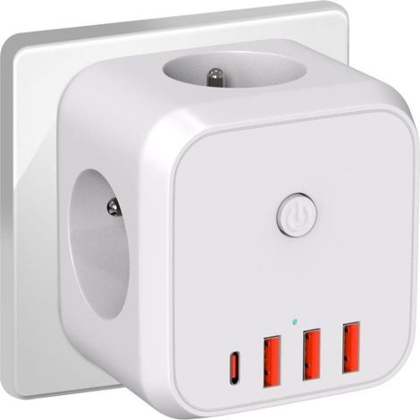 Adaptador de enchufe cúbico multifuncional con conexiones USB y de CA.