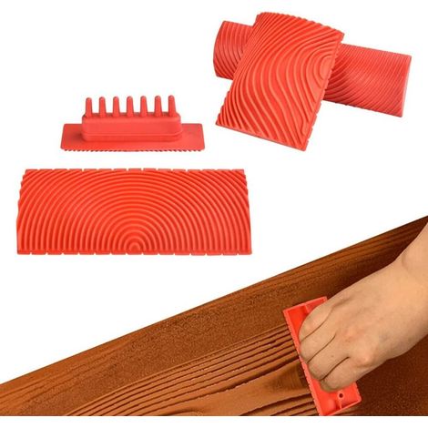 Set di quattro attrezzi per la decorazione effetto legno, strumenti per la verniciatura effetto legno artificiale, decorazione a pettine, per porte, pareti e mobili - rosso. (1/5)