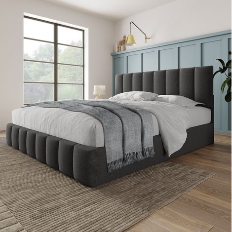 Lit double 140x200 cm gris en lin avec tête de lit réglable, sommier à lattes et matelas inclus (1/5)