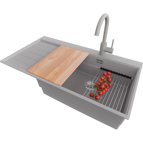 PRIMAGRAN Evier Cuisine en Granit 90x50cm,Lavabo 1 bac + Robinet 32x20cm + Kit de Vidage + Accessoires, Évier à Encastrer au meuble 60cm - Sydney, Gris (1/5)