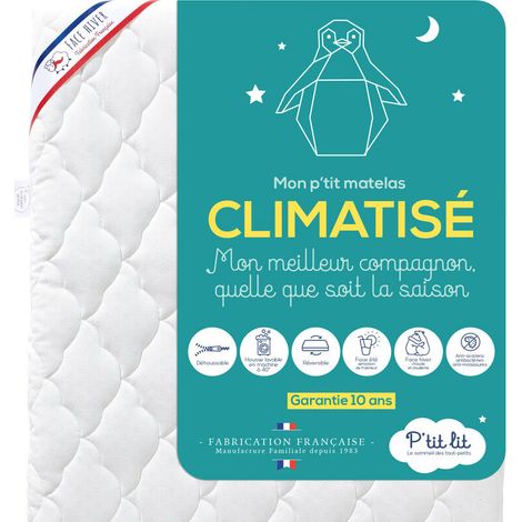 Matelas enfant climatisé 70x140 cm – Réversible été frais / hiver ouatiné – Anti-acariens – Déhoussable – Oeko-Tex – Fabrication française –