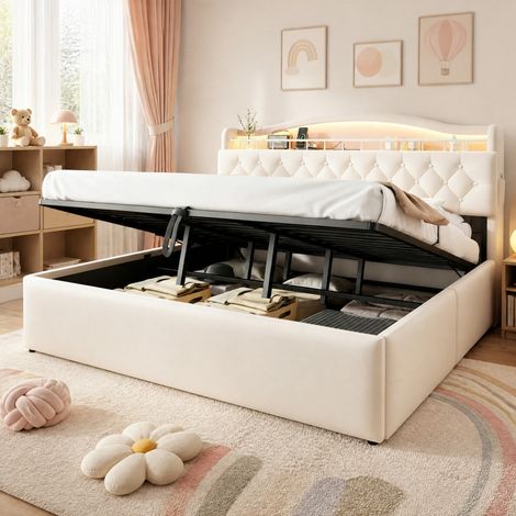 Cama canapé 180x200 cm con almacenamiento hidráulico, LED, USB/USB-C beige DESVIAE (1/5)
