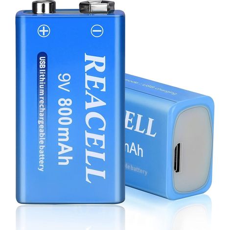 Lot de 2 Piles 9V Rechargeable USB Lithium avec Micro-USB câble Rechargeable Batteries 9 Volt Longue Duréé pour Détecteur de Fumée Microphone, Sûr et respectueux de l'environnement (1/5)