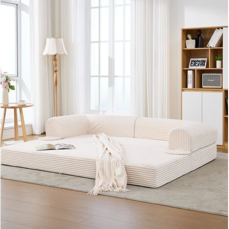Sofá cama convertible 2 plazas beige tapizado con diseño 2 en 1 y tejido de pana acanalada (1/5)