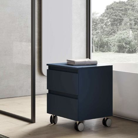 Carrello multiuso in legno 41x44xH58 con ruote e 2 cassetti Blu Opaco (1/3)