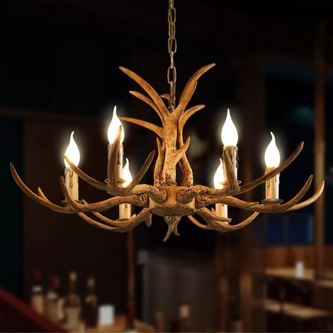 6 Flammig Deckenlampen Hirschgeweih Kronleuchter Harz Pendelleuchte Geweihlampe Deckenleuchte Wohnzimmer Hängelampe (1/5)