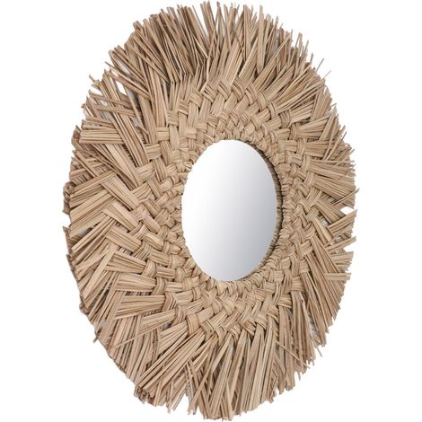 Miroir mural en paille tissée rétro, décoration murale bohème pour chambre étudiante, style naturel (1/5)
