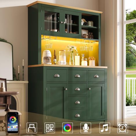 Buffet / Meuble de rangement / Meuble de cuisine / Buffet, 104 x 40 x 180 cm, style campagnard, 4 portes, avec éclairage LED et porte-gobelets, vert et blanc