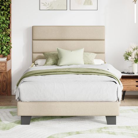 Lit rembourré 90x200 cm Tissu avec tête de lit, Beige (1/5)