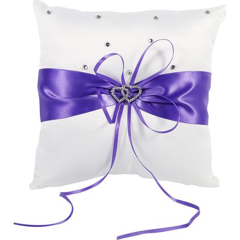 Coussin porte-alliance mariage avec nœud, cœurs doubles et diamants violet (1/3)