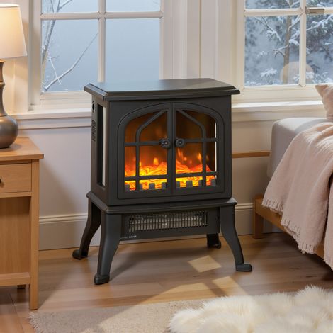Cheminée Électrique sur Pied 900/1800W Effet Flamme 3D Thermostat Ajustable Fenêtres Visibles pour 15-30 ㎡ Noir (1/5)