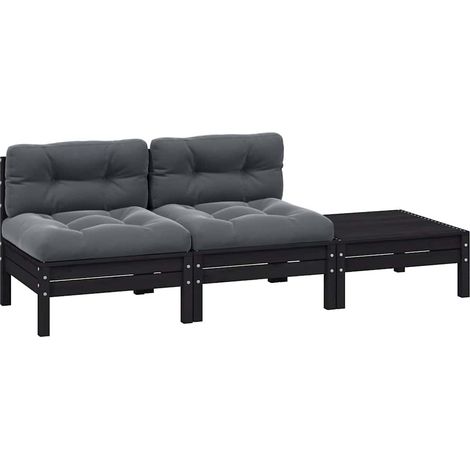3-tlg. Garten-Lounge-Set mit Kissen Schwarz Kiefer Massivholz