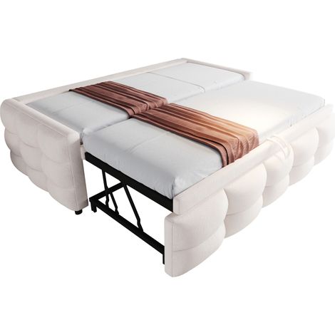 Lit rembourré convertible 90/180190 cm, lit coussin, tissu Teddy velours, lit simple et double, avec sommier à lattes, lit multifonction, beige (sans matelas) (1/5)