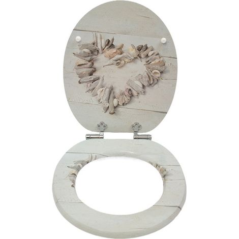 Abattant de toilettes HomSeat motif coquillage et cœurâme en MDF, couvercle à fermeture douce et silencieuse, revêtement hygiénique facile à nettoyer (1/5)