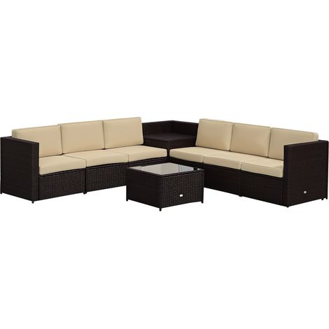 Outsunny 8Pcs Patio Rattan Sofa Set Garden Furniture Side Table w/ Cushion Brown