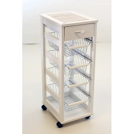 Carrello salvaspacio Vesuvio blanco de madera de haya con cassetto y cestos cromados