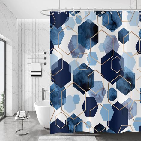 Rideau de Douche Bleu 180x180, Moderne Géométrique Hexagone Art Abstrait Imperméable Tissu Polyester Lavable Rideau de Bain avec Crochets (1/5)