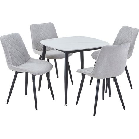 Aspen Gloss White Sintered Stone Square Table & 4 Light Grey Cord Fabric Chair Set - Metal - L54 x W53.5 x H85.5 cm