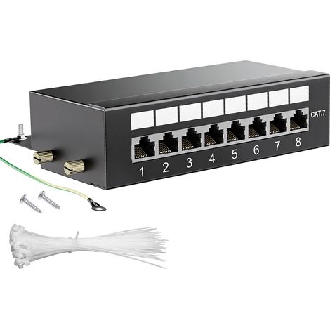 CAT 7 8 Port Patch Panel, Gold Plated Contacts Cable Clamps Included with RJ45 Plugs for Wall Mounting and Home Network (1/5)