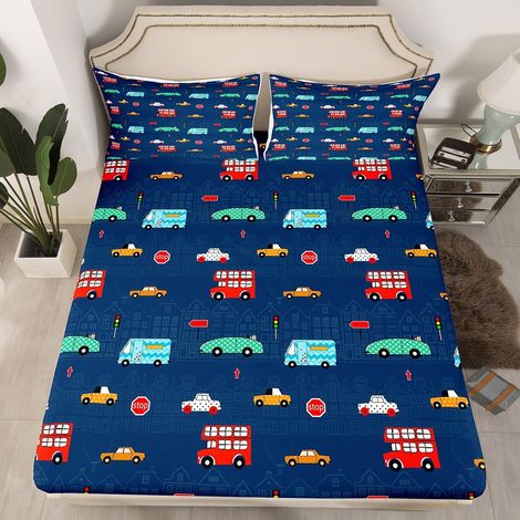 Drap Housse 90x190 Enfant Garçon 1 Personne, Drap-Housse Motif Voiture, Drap de Lit Voitures, Parure de Lit Véhicule Coloré pour Matelas Jusqu'À 40 Cm - Bleu (1/5)