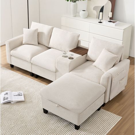 Sofá esquinero modular con puf y almacenaje beige OKMYHOME (1/5)