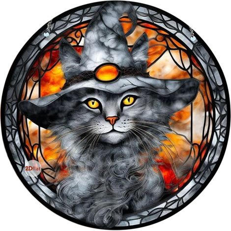 Ornement Rond Acrylique Corbeau Chat Halloween - Décoration Suspendue pour Fenêtre Arbre et Fête Gothique - 1 Pièce (1/5)