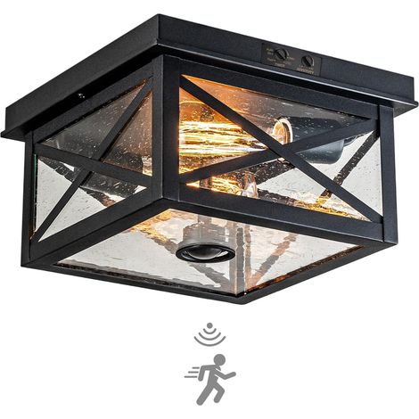E27 Outdoor Ceiling Light with Motion Detector, Black Porch Light with Glass Bubble Sensor, E27 Garage Ceiling Light with 2 Lights with Adjustable Sensor for Front Doors, Gardens (1/5)