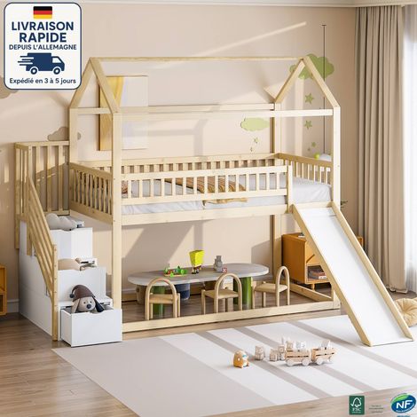 MODFU - Cama alta infantil 90x200cm con tobogán y escalera de almacenaje, cama juvenil/individual, anticaída, MDF, sin colchón, blanco+natural (1/5)
