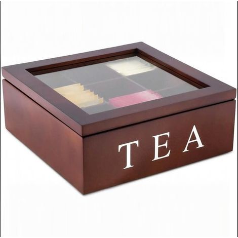 Boîte de rangement en bois - Boîte à thé - Organisateur de sachets de thé - Coffret cadeau à neuf compartiments - Couvercle en acrylique transparent - 23 x 23 x 9 cm - Marron - Sachets de thé non incl (1/5)