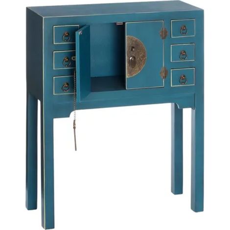 Petite console bleu avec 6 tiroirs et portes vintage bronze AÉRIS (1/5)