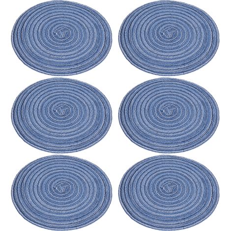 Set de table rond en ramie fait main de style japonais, set de table épais en spirale, dessous de verre tissé, dessous de plat, tapis isolant thermique de style occidental, bleu. (1/5)