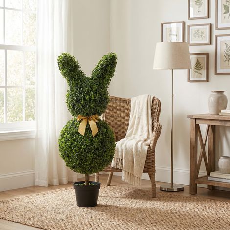 Buis artificiel en forme de lapin, 740 feuilles, plante artificielle pour intérieur et extérieur, avec piquet, 83 cm, vert (1/5)