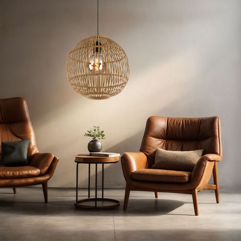 Pendelleuchte Esstischlampe Hängelampe Boho Wohnzimmerlampe Deckenleuchte Küchenlampe, Bambusgeflecht naturfarben, 1x E27, H 150 cm