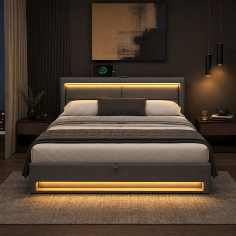 MEUBLIV Cama 160x200 cm gris – cabecero, almacenaje, LED y USB, sin colchón (1/5)