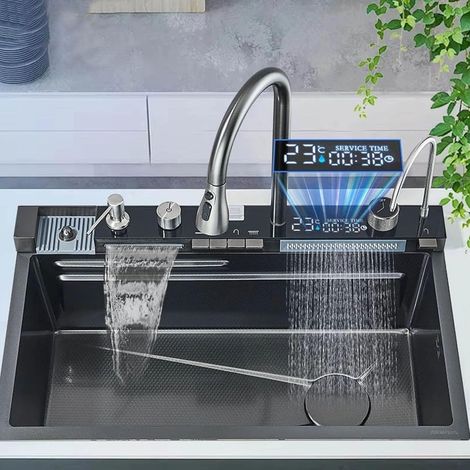 Kitchen Sink Stainless Steel 201 Gun gray ,With Extractable Faucet,Pure Water Faucet,Single Large Slot,Integrated Digital Display Faucet Set,Sink Accessories,75x45cm (1/5)