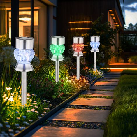 Außenleuchte Solarlampe Gartendeko RGB Farbwechsel Glaskristalle Steckleuchte, Edelstahl Kunststoff schwarz, LED 5000K kaltweiß, H 35 cm,4er Set