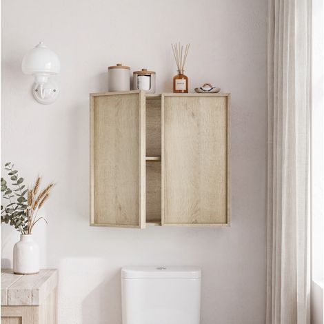 Armoire murale de salle de bain 60 x 21,6 x 58 cm à 2 portes sans poignées, effet chêne (1/5)