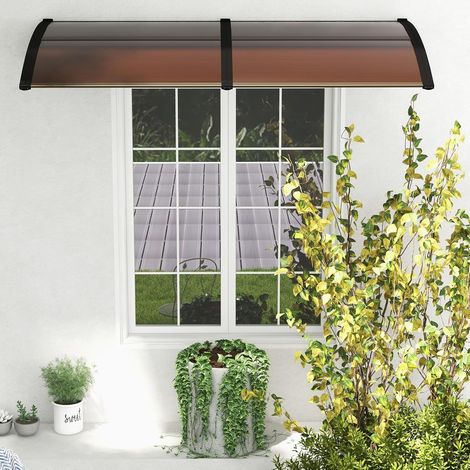 GOPLUS Auvent Porte d'Entree 199x99CM avec Protection Solaire, Résistant au Vent avec Panneau Revêtu à Double Couche et Support en ABS, Capacité de Poids Max 20KG, Marron (1/5)