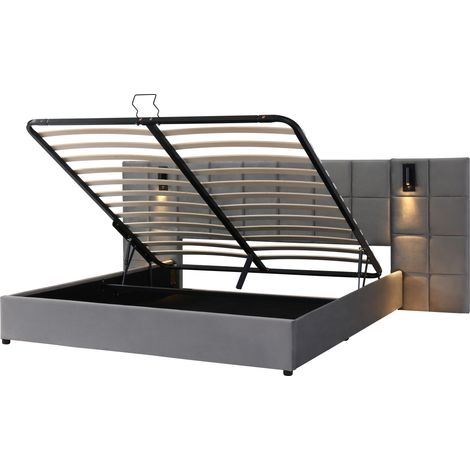 Lit capitonné, lit coffre hydraulique avec lampe orientable et charge USB, tête de lit large rembourrée de mousse, motif damier, cadre en acier, sans table de chevet, velours, 180200cm, gris (1/5)