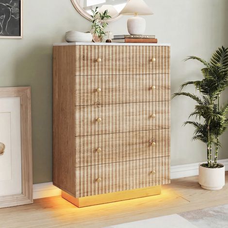 Commode étroite 5 tiroirs 73x40x111 cm – Éclairage LED intégré – Fermeture Push-Pull métallique – Motif rayé structure MDF style moderne - pour chambre, salon et couloir