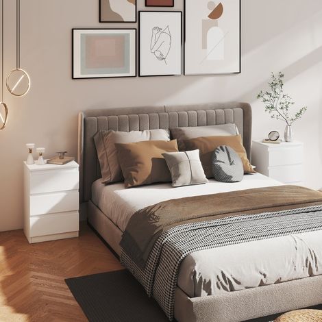 DESMIU Table de Chevet 2 Pièces avec 3 Tiroirs, Design Sans Poignée pour Chambre, en MDF, Blanc, 40 × 30 × 59,5 cm (1/5)