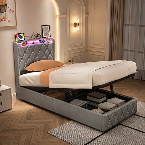 Lit coffre 90x200 cm, avec LED, hydraulique de rangement, sommier à lattes en bois, cadre en métal, gris (1/5)