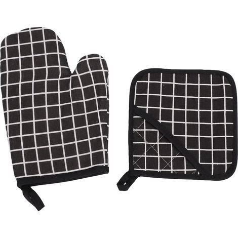 Gant de Four Ensemble de Supports de Casserole Anti-brûlure Résistant à la Chaleur Mitaine en Coton épaissi avec Coussin Chaud pour la Cuisson en Cuisine à Carreaux Noirs 1 (1/5)