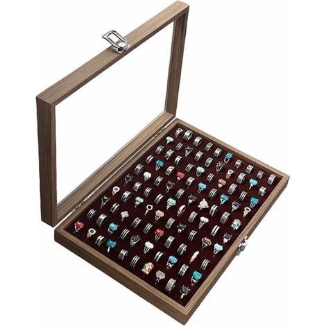 SEIWEI Boîte à bijoux en velours, 100 emplacements pour bagues et plateau de rangement avec couvercle transparent, étui à bijoux de voyage avec verrouillage sécurisé pour l'affichage et l'organisation (1/5)