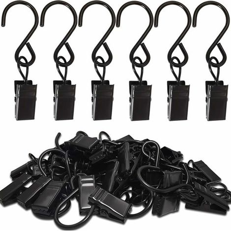 BelleRise - Pinces à rideaux en acier inoxydable en forme de S, lot de 50 supports de guirlande lumineuse à suspendre, 6 cm de long, noir. (1/5)